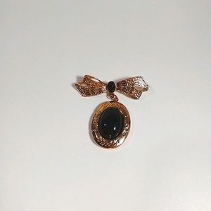 Brooch bowtie black cabochon plates‎ gold tone locket